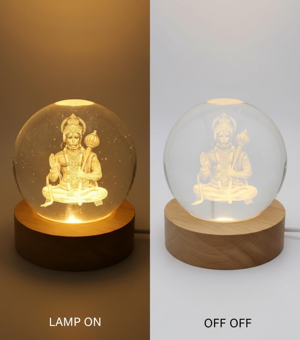 3D Hanuman Crystal Ball Night Lamp with LED Wooden Base | Engraved Hanuman Idol Crystal Globe Light | USB Powered Color Changing Night Light for Home Décor, Office Desk, Bedroom & Birthday Gift