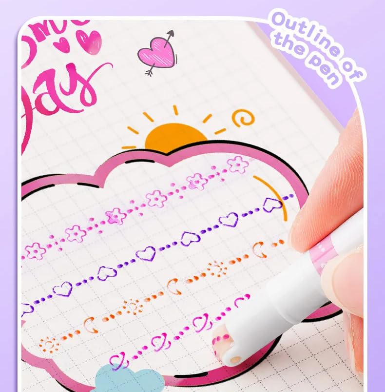 Linear Roller Curve Highlighter Pen Pack Of 6 Pens - Toy Set For Kids And Adults - Includes 6 Different Patterns and 6 Colors - Best For Decorating Scrapbook, Highlighting Text