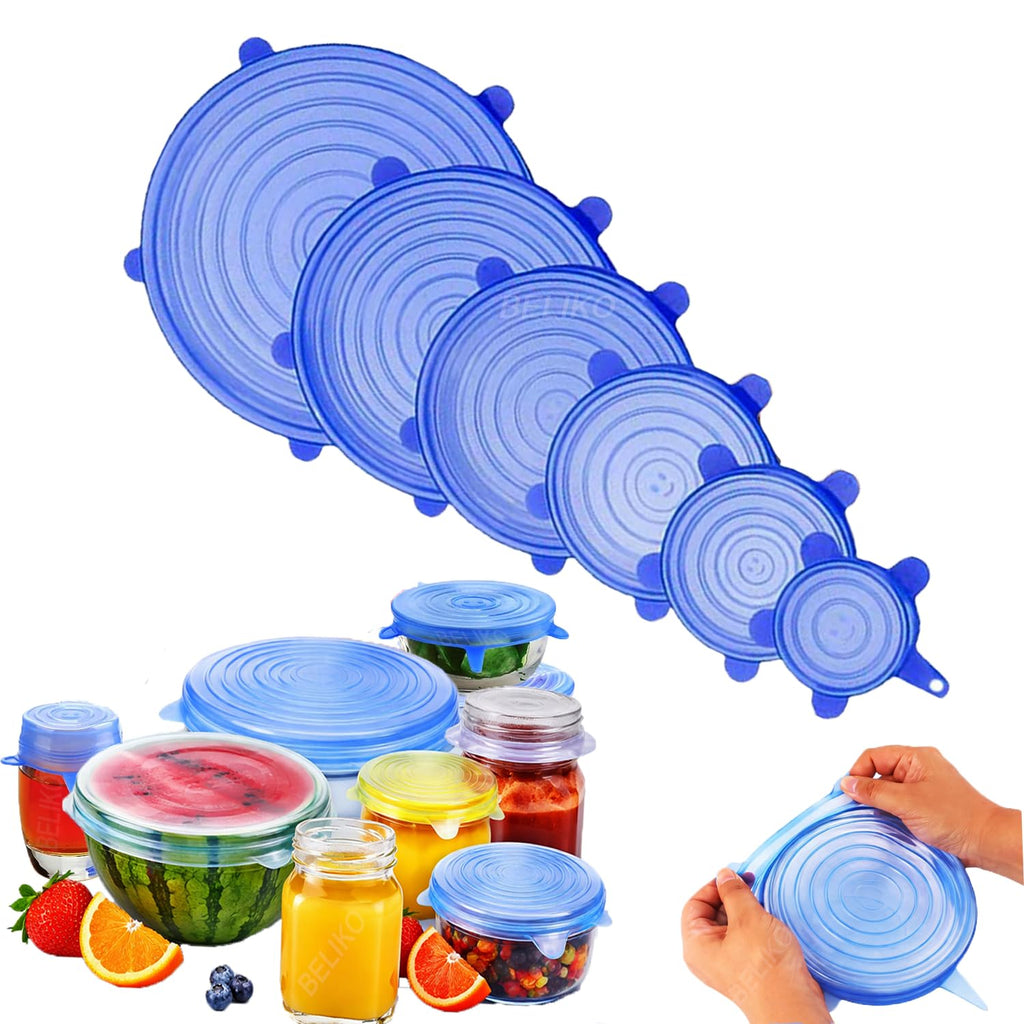 Silicon Reusable Flexible lids for Food Covers Containers And Seal Lids, Silicon Food wrap for Bowls | 1 Pack of 6 Various Sizes(Blue or White Colour)
