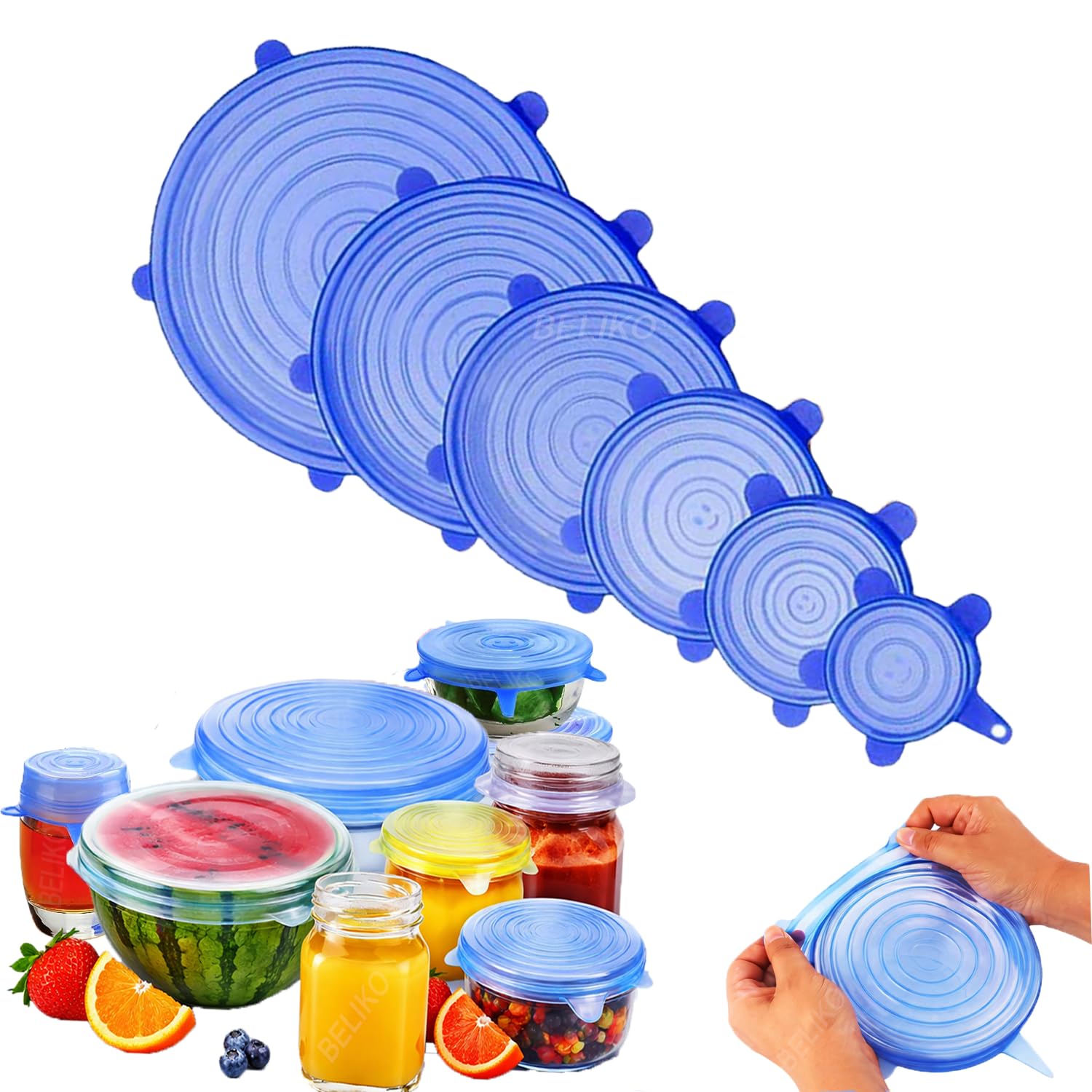 Silicon Reusable Flexible lids for Food Covers Containers And Seal Lids, Silicon Food wrap for Bowls | 1 Pack of 6 Various Sizes(Blue or White Colour)
