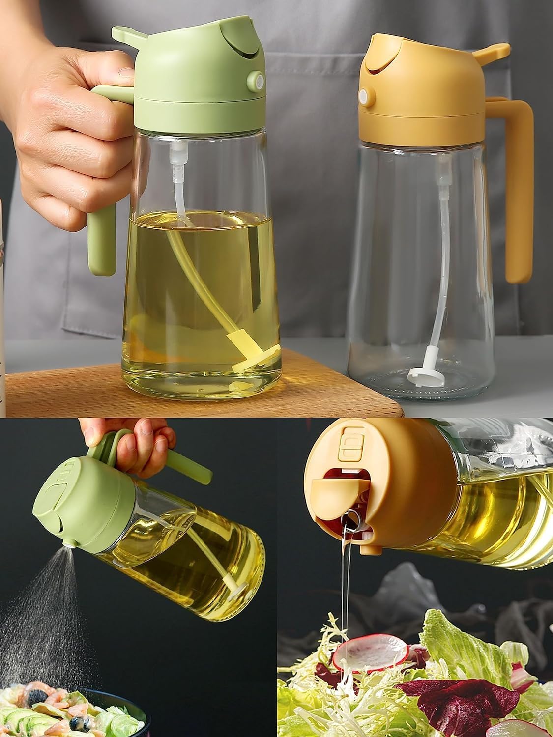 500ml 2 in 1 Olive Oil Pourse and Oil Dispenser Bottle for Kitchen, Glass Oil Bottle with Premium Nozzle, Oil Sprayer for Air Fryer, Salad,Roasting