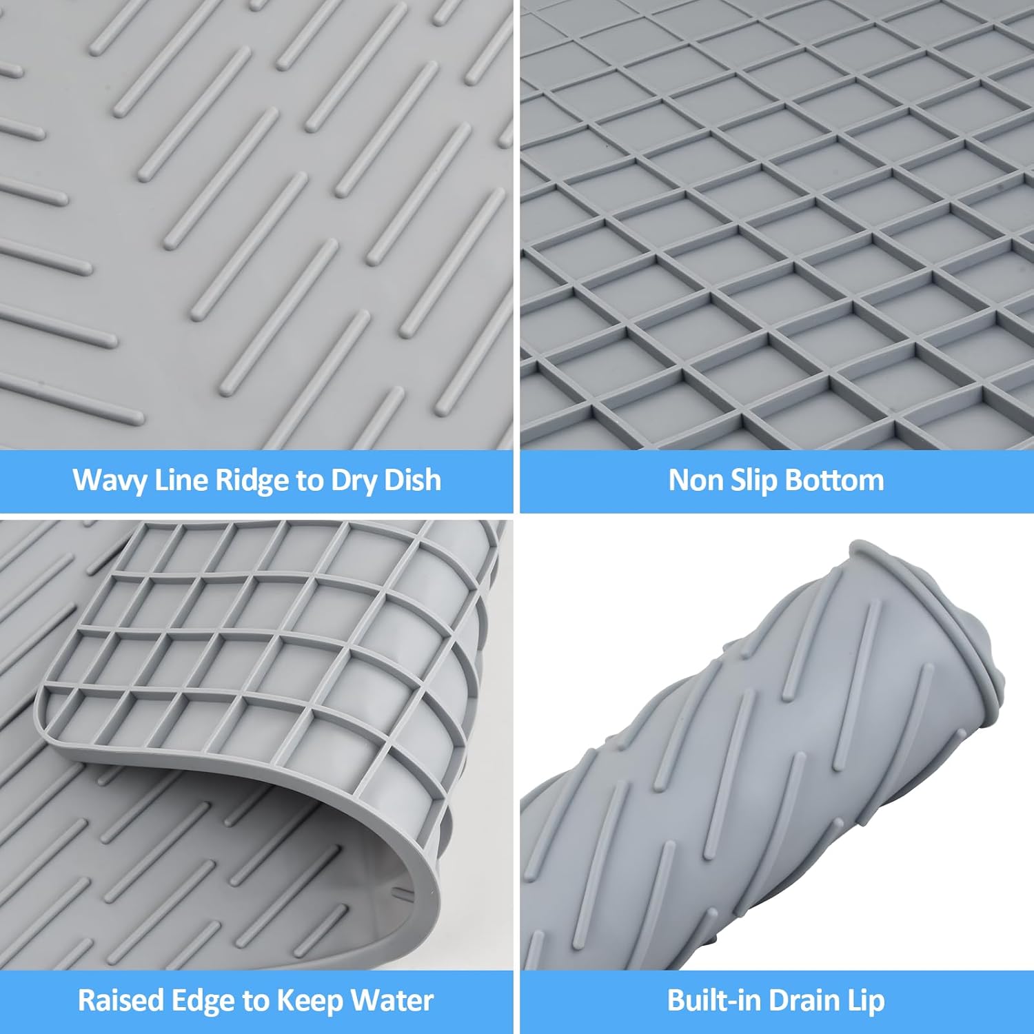 Silicone Draining Mat, Large Silicone Dish Drying Mat, Dish Drying Mat with Built-in Drain Lip, Foldable, Non-Slip, Sink Drainer Mat for Kitchen Counter, Niversal Drain Board (58 x 43 CM)