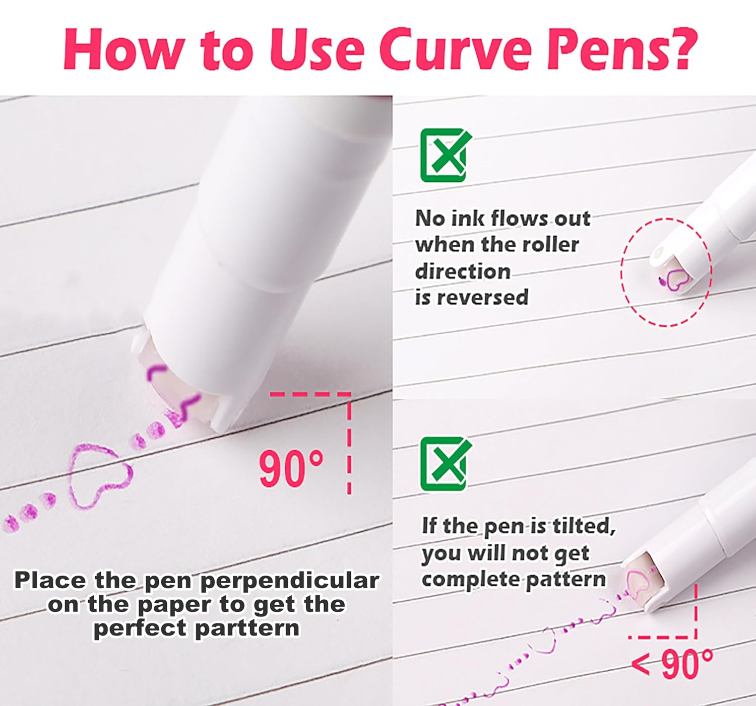 Linear Roller Curve Highlighter Pen Pack Of 6 Pens - Toy Set For Kids And Adults - Includes 6 Different Patterns and 6 Colors - Best For Decorating Scrapbook, Highlighting Text