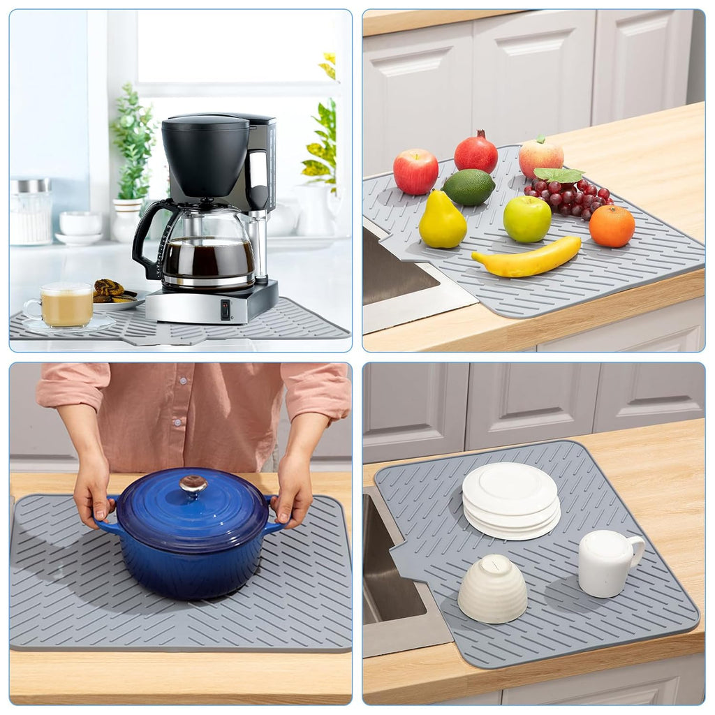 Silicone Draining Mat, Large Silicone Dish Drying Mat, Dish Drying Mat with Built-in Drain Lip, Foldable, Non-Slip, Sink Drainer Mat for Kitchen Counter, Niversal Drain Board (58 x 43 CM)
