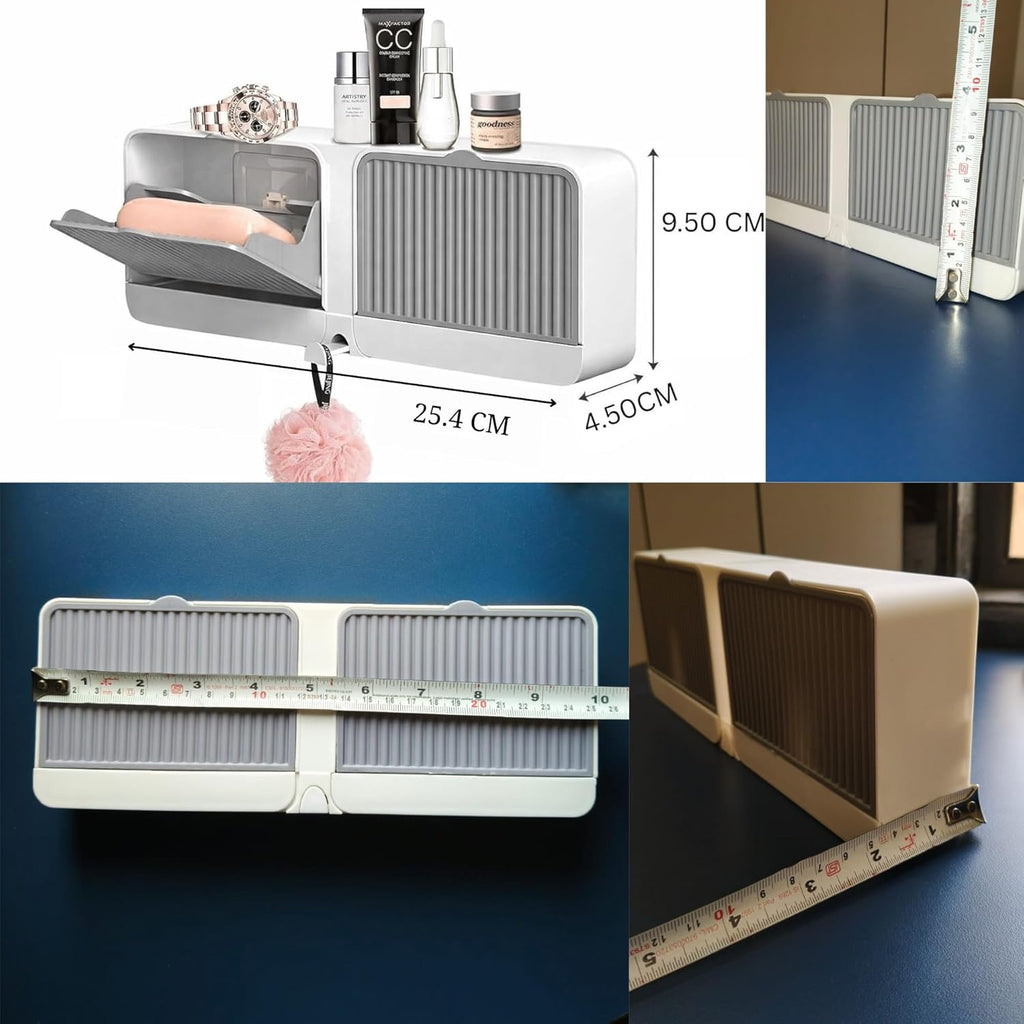 Wall Mounted Soap Holder with Lid and Drain Tray, Double Compartment Soap Box with Adhesive Sticker Installation, Bathroom Soap Storage Case with Hanging Hook