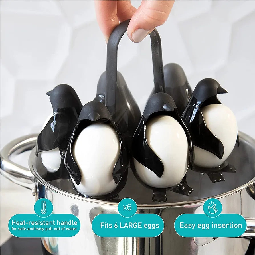 PUNO Penguin-Shaped Boiled Egg Cooker, 3-in-1 Cook, Store and Serve Egg Holder for Making Soft or Hard Boiled Eggs, Holds 6 Eggs for Easy Cooking and Fridge Storage.