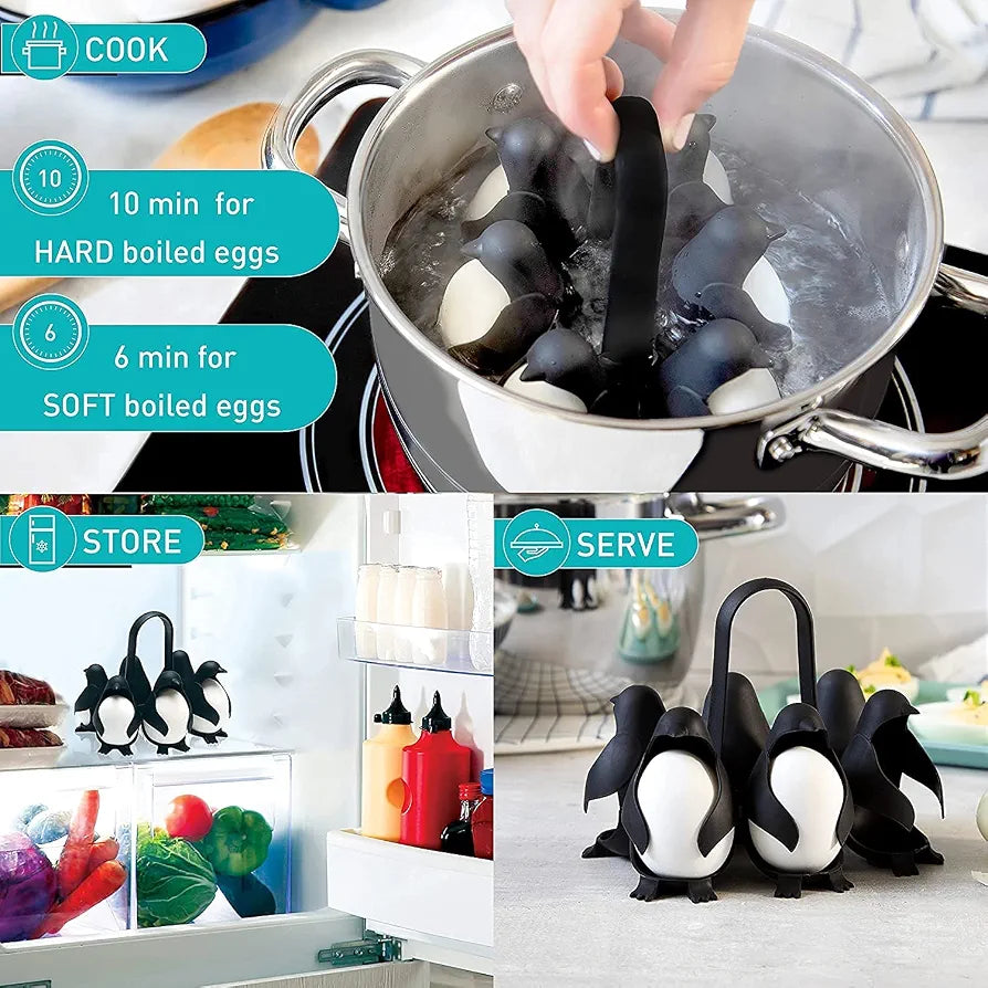 PUNO Penguin-Shaped Boiled Egg Cooker, 3-in-1 Cook, Store and Serve Egg Holder for Making Soft or Hard Boiled Eggs, Holds 6 Eggs for Easy Cooking and Fridge Storage.