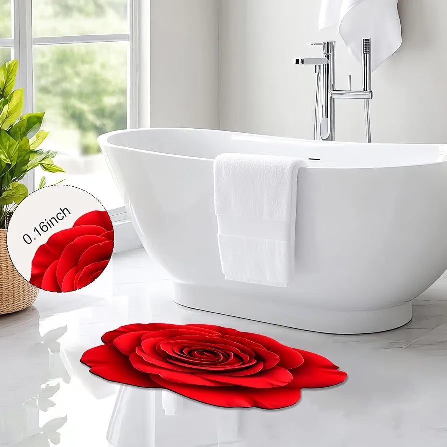 Red Flowers Floral Bath Mat Natural Rose Bathroom Rugs Funny Non Slip Bathtub Decor Mats Super Absorbent Floor Carpet Machine Washable Quick Dry Bahtmat for Tub, Shower, Bedroom，Kitchen，31.5"x31.5"