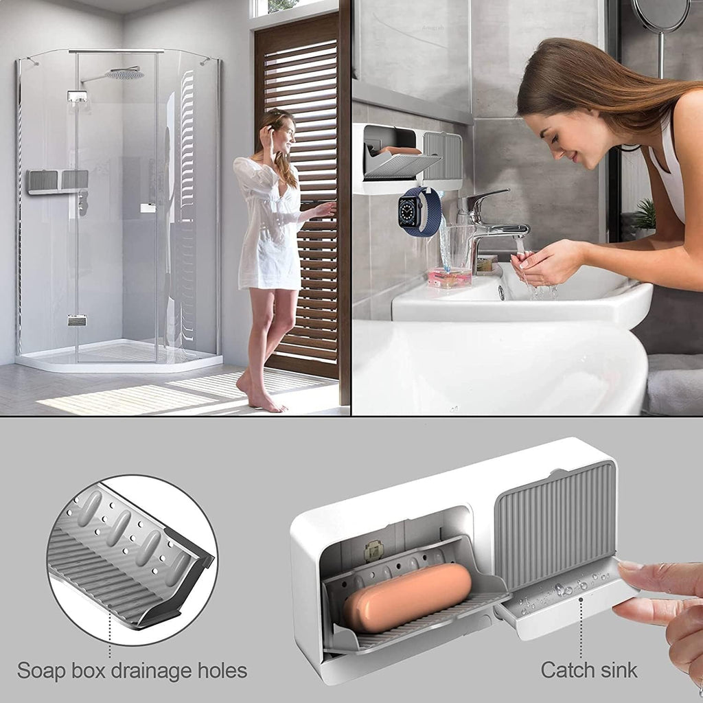 Wall Mounted Soap Holder with Lid and Drain Tray, Double Compartment Soap Box with Adhesive Sticker Installation, Bathroom Soap Storage Case with Hanging Hook