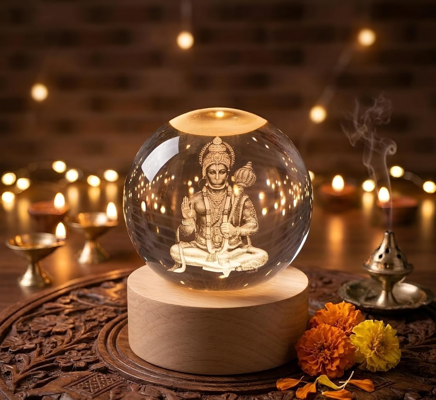 3D Hanuman Crystal Ball Night Lamp with LED Wooden Base | Engraved Hanuman Idol Crystal Globe Light | USB Powered Color Changing Night Light for Home Décor, Office Desk, Bedroom & Birthday Gift