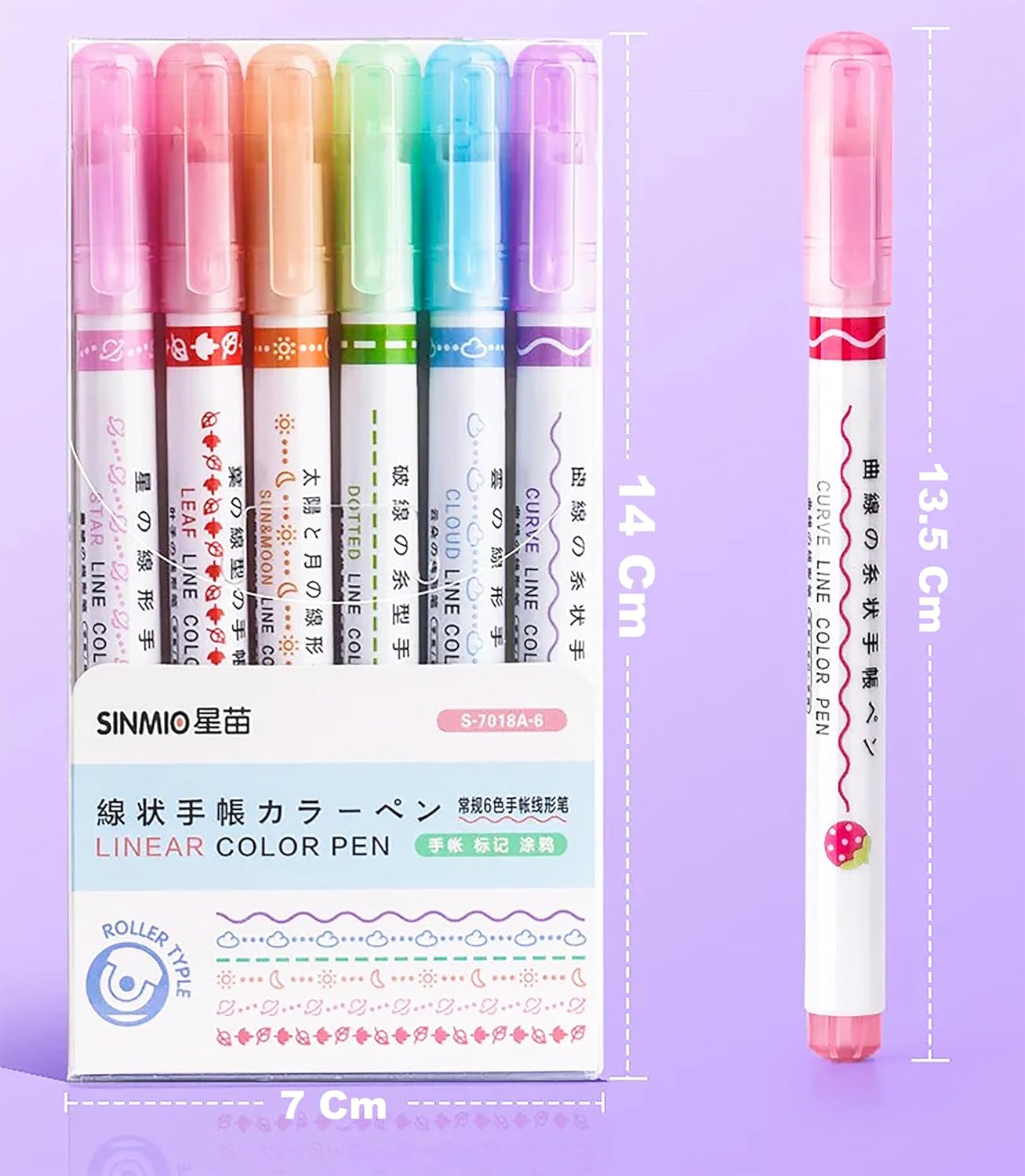 Linear Roller Curve Highlighter Pen Pack Of 6 Pens - Toy Set For Kids And Adults - Includes 6 Different Patterns and 6 Colors - Best For Decorating Scrapbook, Highlighting Text