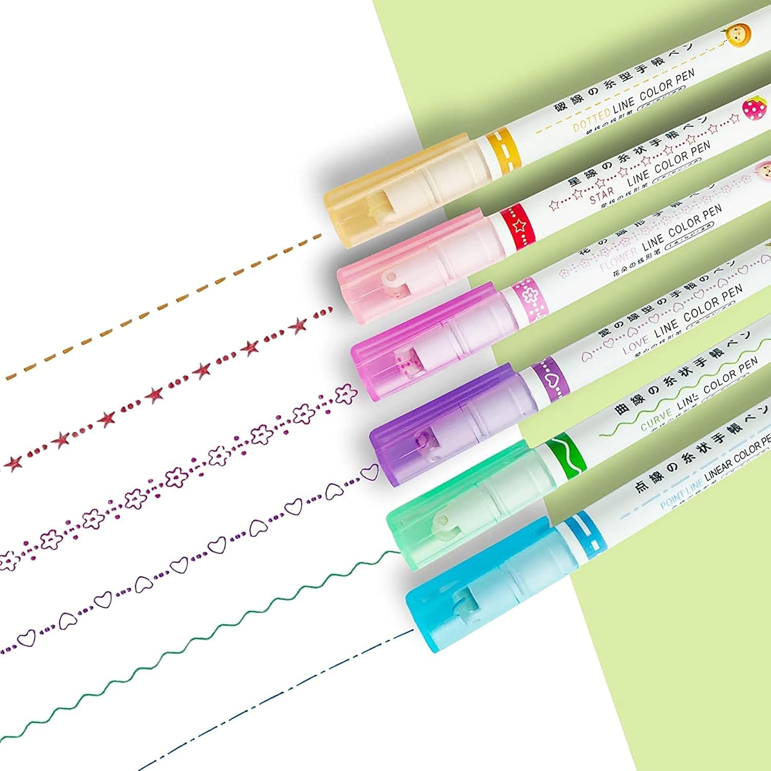 Linear Roller Curve Highlighter Pen Pack Of 6 Pens - Toy Set For Kids And Adults - Includes 6 Different Patterns and 6 Colors - Best For Decorating Scrapbook, Highlighting Text