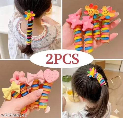 2 Pcs/Set Rainbow Telephone Wire Hair Bands for Girls Kids Braided Spiral spring Hair Ties Cute Cartoon Characters Shape Ponytail Maker Elastic Braids Hair Accessories for Girls Multicolor color Fabric Ideal for Women / Girls
